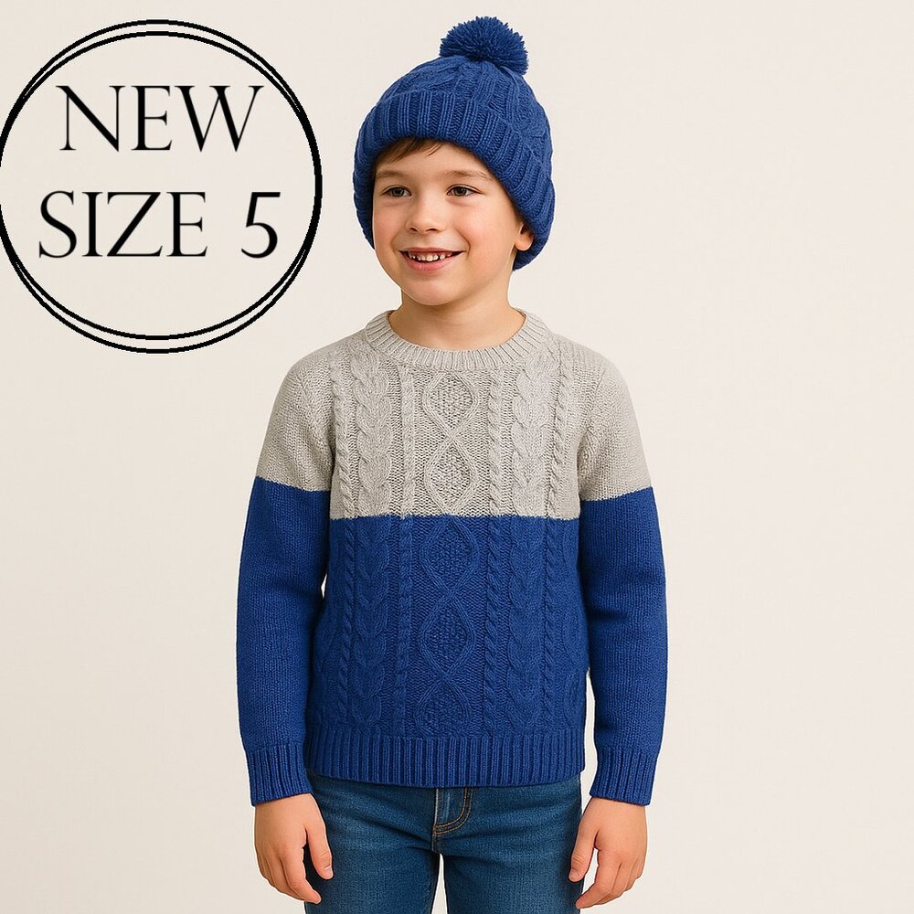 NEW Toddler Boy's Size 5 Sweater and Hat Colorblock Blue Gray New with Tags